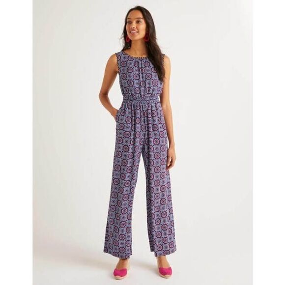 Boden Elisa Pompom Trim Jumpsuit Bold Blue Sun Tile Medallion Print Size 8 - Picture 2 of 15
